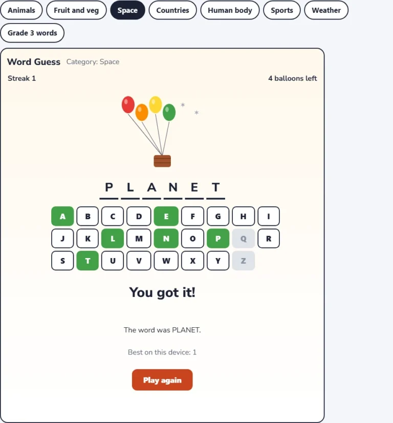 Space word game win screen showing the guessed word and the streak