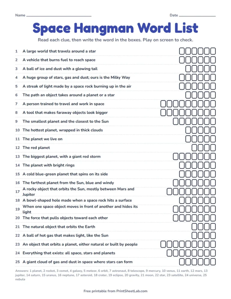 Space word game printable: space hangman word list with clues and empty letter boxes