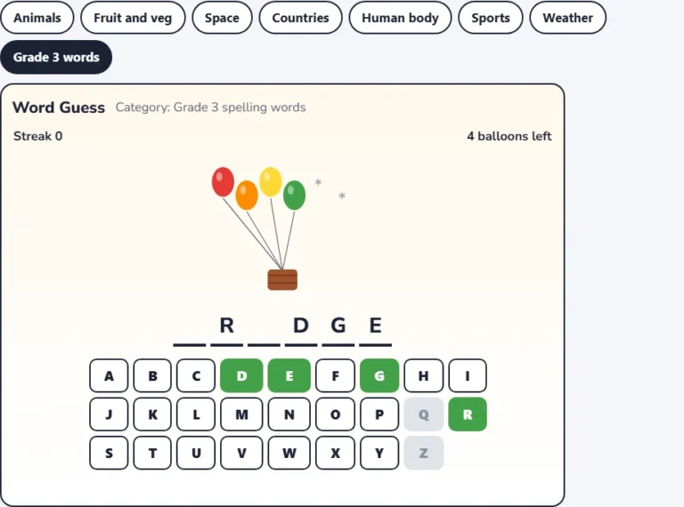 Word guess game for kids: spelling words hangman in the middle of a round with balloons popped