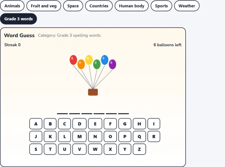 Spelling words hangman game with a new hidden word, six balloons and the letter keyboard