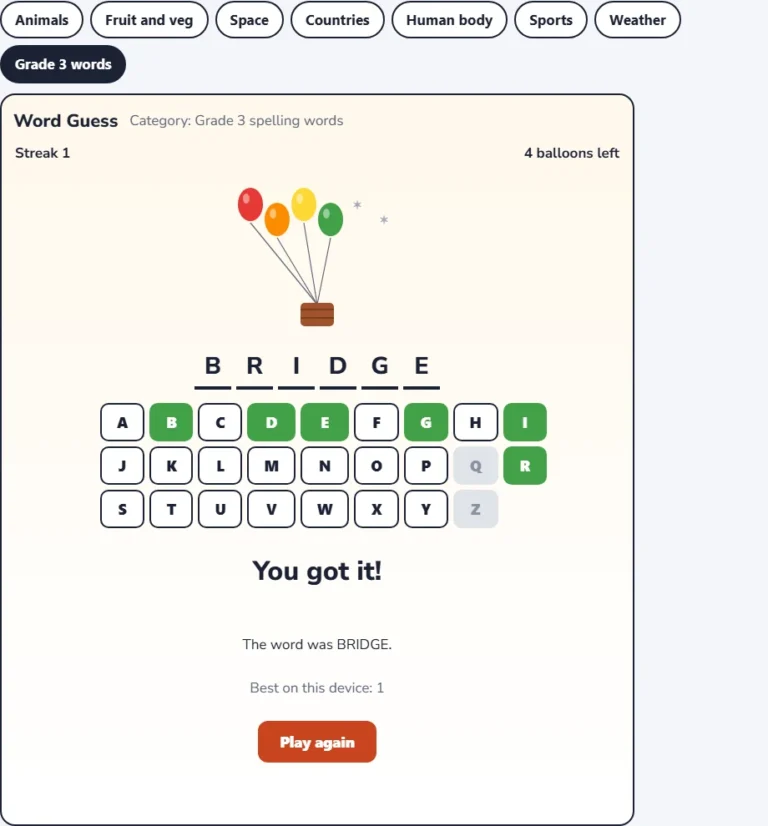 Spelling words word game win screen showing the guessed word and the streak