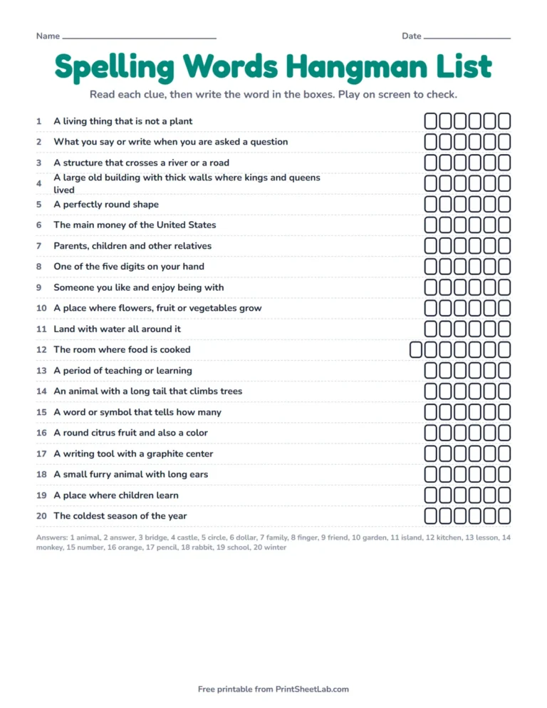 Spelling words word game printable: spelling words hangman word list with clues and empty letter boxes