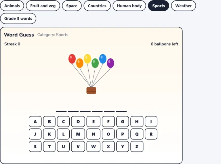 Sports hangman game with a new hidden word, six balloons and the letter keyboard