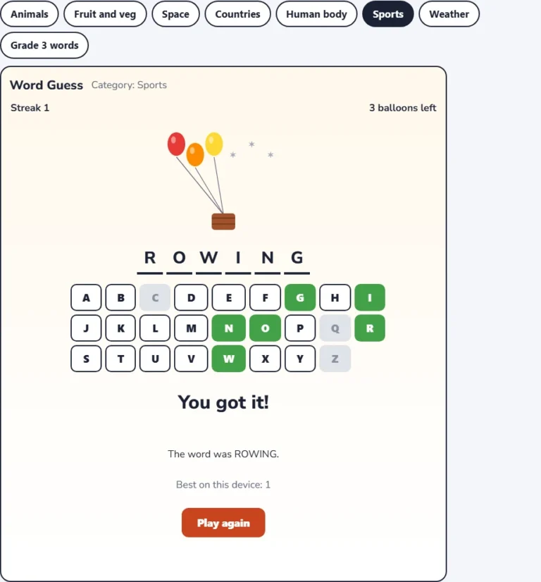 Sports word game win screen showing the guessed word and the streak