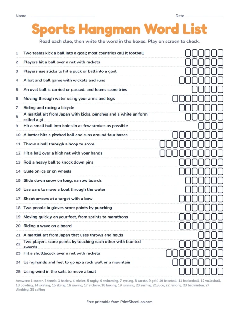 Sports word game printable: sports hangman word list with clues and empty letter boxes