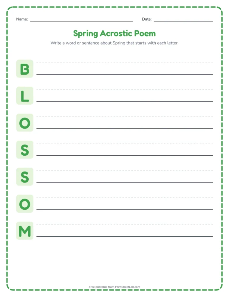 Spring acrostic poem worksheet: write a word for each letter of BLOSSOM
