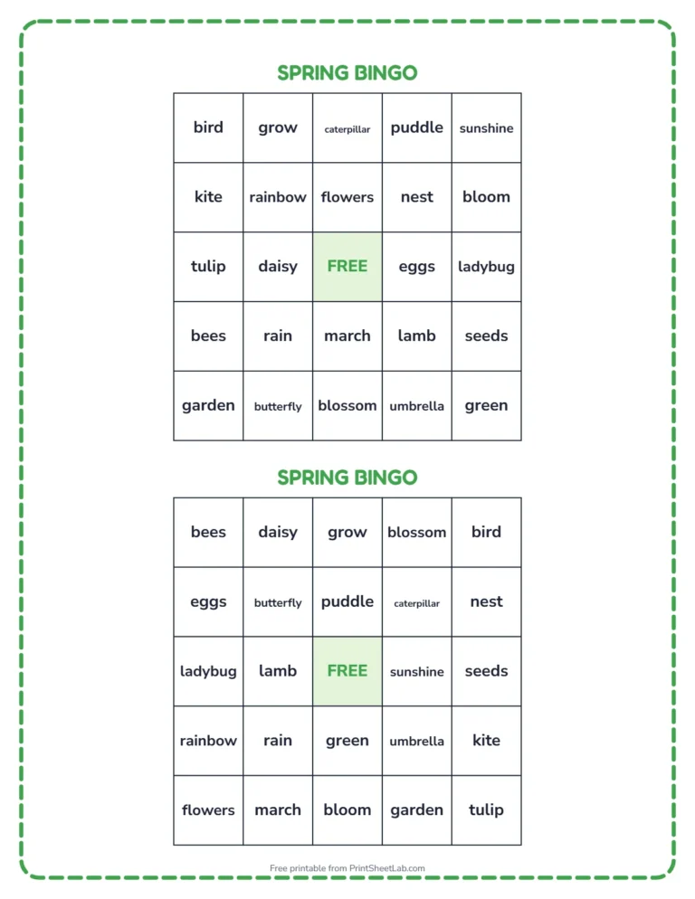 Spring bingo printable: two different bingo cards with spring words