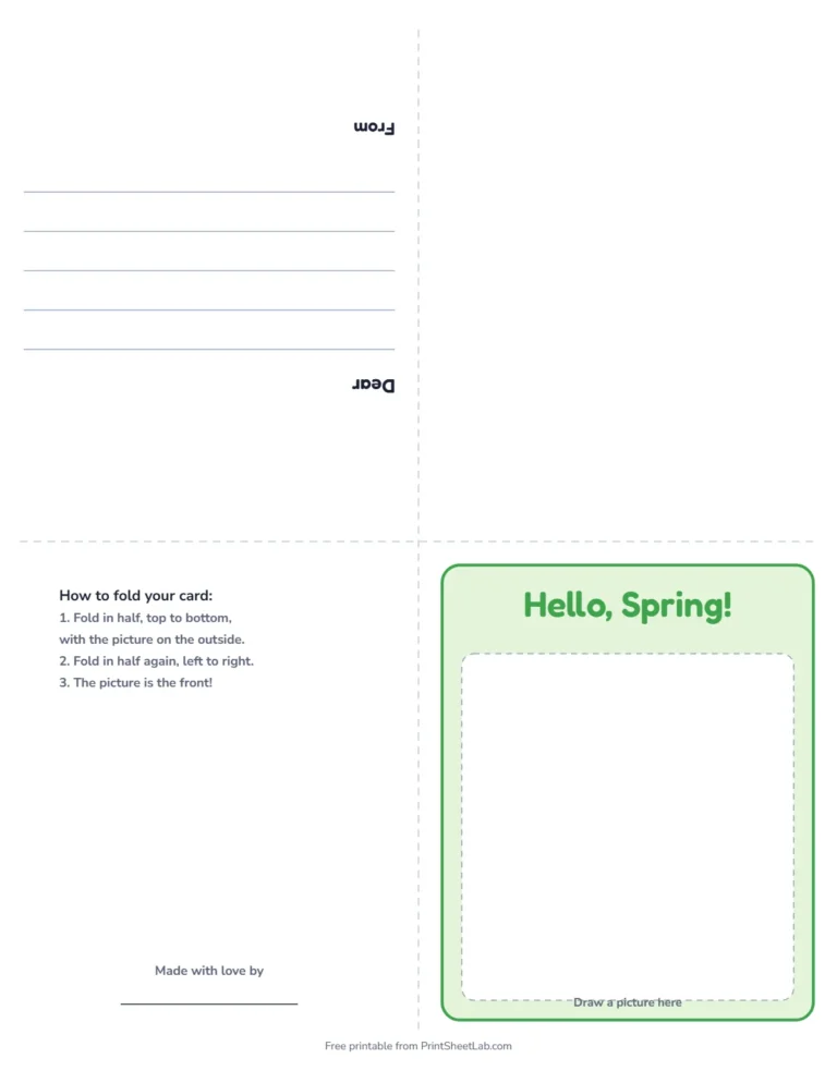 Spring card printable: a fold-up greeting card that says Hello, Spring!