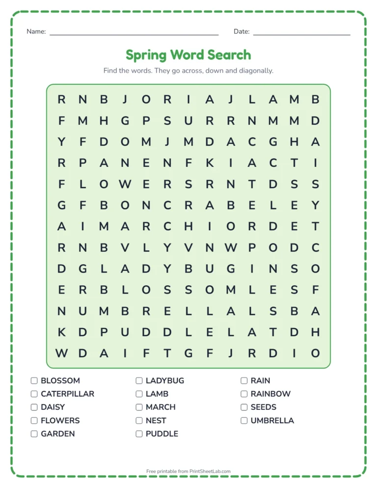 Spring worksheets: word search printable with spring words and a word list