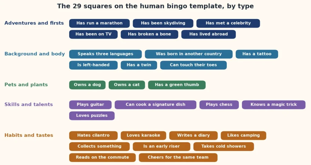 Chart of the 29 human bingo squares grouped into adventures, background, pets, skills and habits