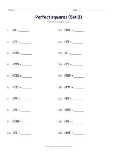 Perfect squares (Set B) printable worksheet for grades 6 and 7