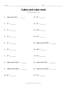 cube roots worksheet: cubes and cube roots