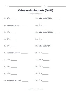 Cubes and cube roots (Set B) printable worksheet for grade 8