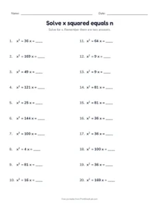 square roots worksheet: solve x squared