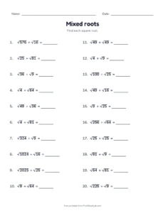 Mixed roots printable worksheet for grade 8