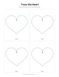 Trace the heart: four to a page printable worksheet for preschool and kindergarten