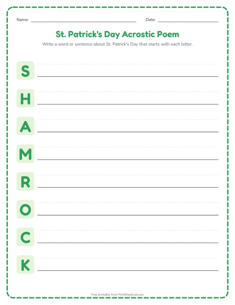 St. Patrick's Day acrostic poem worksheet: write a word for each letter of SHAMROCK