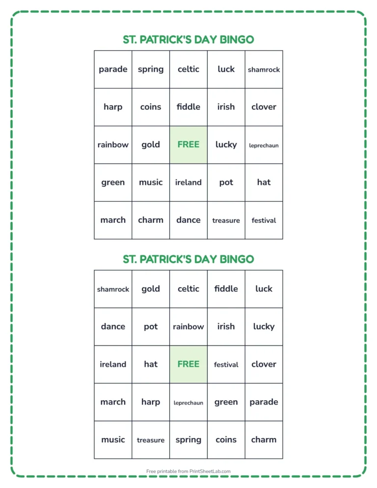 St. Patrick's Day bingo printable: two different bingo cards with St. Patrick's Day words