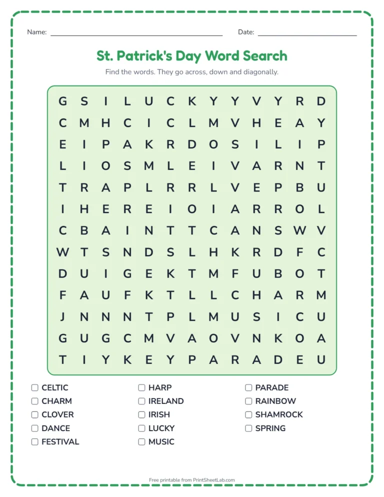St patricks day worksheets: word search printable with St. Patrick's Day words and a word list