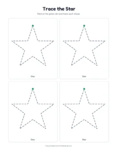 Trace the star: four to a page printable worksheet for preschool and kindergarten
