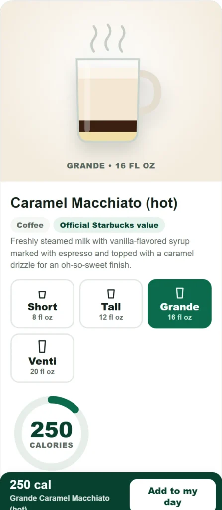 Starbucks calorie calculator on a phone showing a grande caramel macchiato cup with size buttons and calories, fat, carbs, sugar, protein, caffeine and sodium tiles