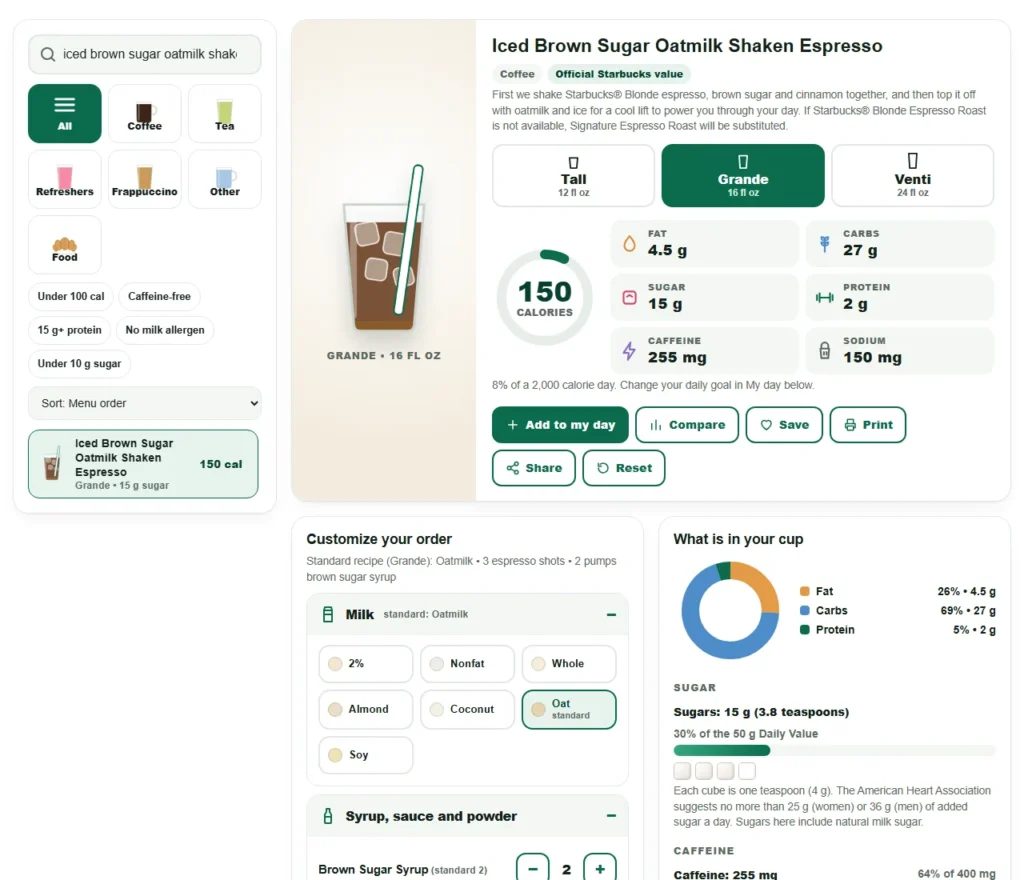 Starbucks calorie calculator with Short, Tall, Grande and Venti size buttons and calories for the selected drink
