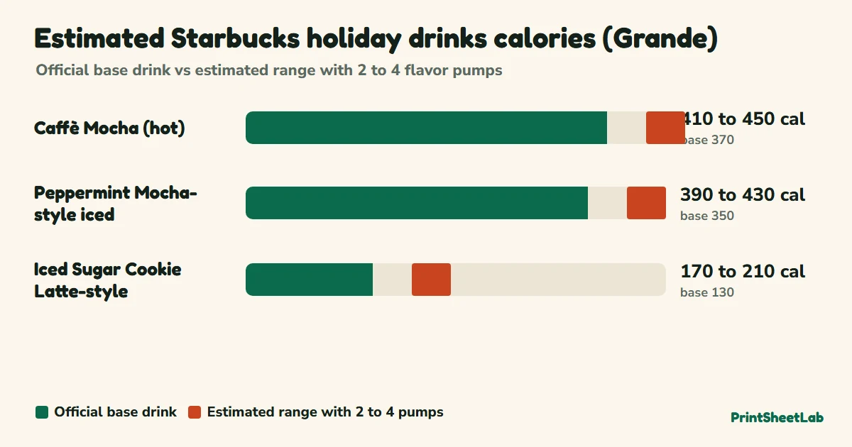 Chart of estimated Starbucks holiday drinks calories for a Grande Peppermint Mocha-style and Sugar Cookie Latte-style build compared with the official base drink