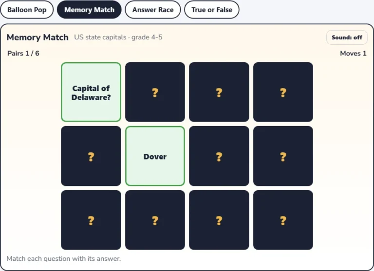 US state capitals game Memory Match with a card showing Capital of Delaware