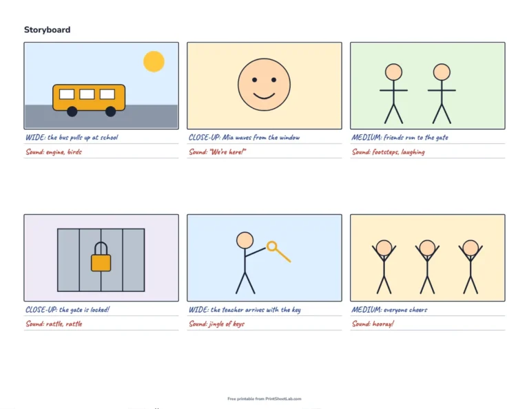 Storyboard example for a video with six filled-in frames and shot notes