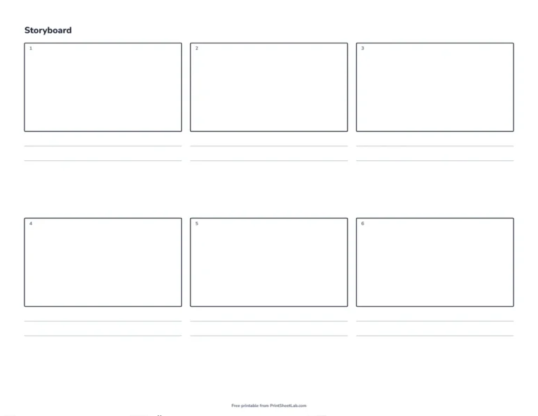 Storyboard template with six 16:9 frames and note lines on landscape Letter