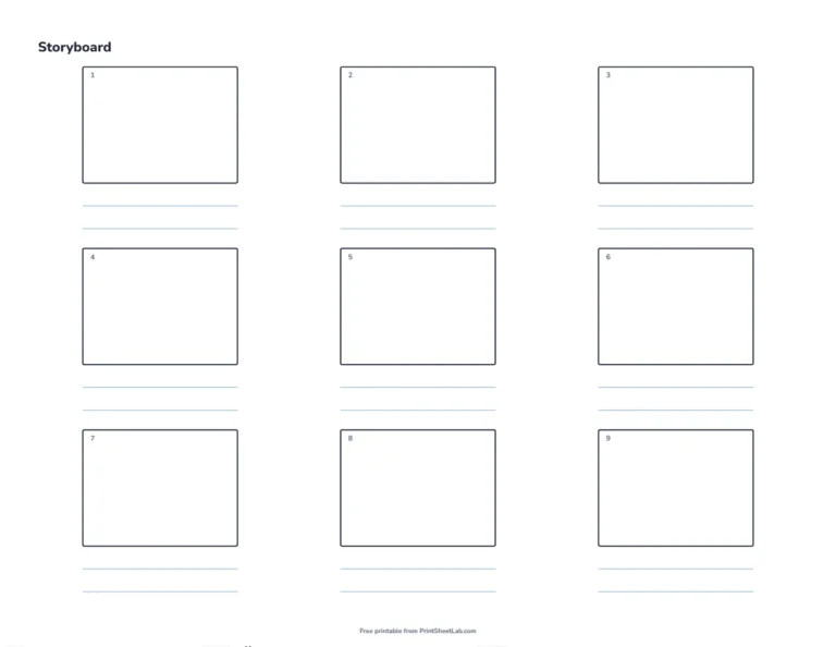 Printable storyboard with nine 4:3 frames and lines for notes