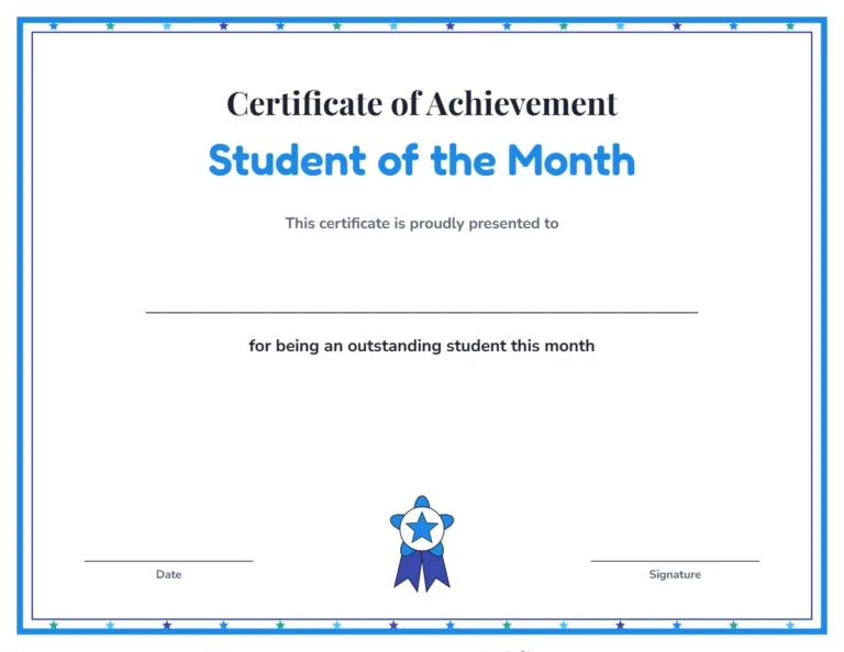 Free printable certificates for students: Student of the Month with a stars border