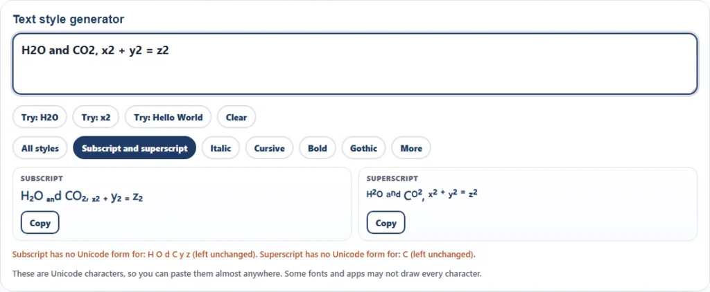 Subscript generator converting H2O and CO2, x2 + y2 = z2 into subscript and superscript characters with a copy button for each style