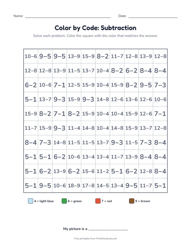 Subtraction color by code worksheet with a hidden pixel picture and answer key