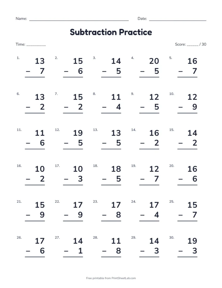 Printable subtraction worksheet with a timed drill of 30 facts within 20