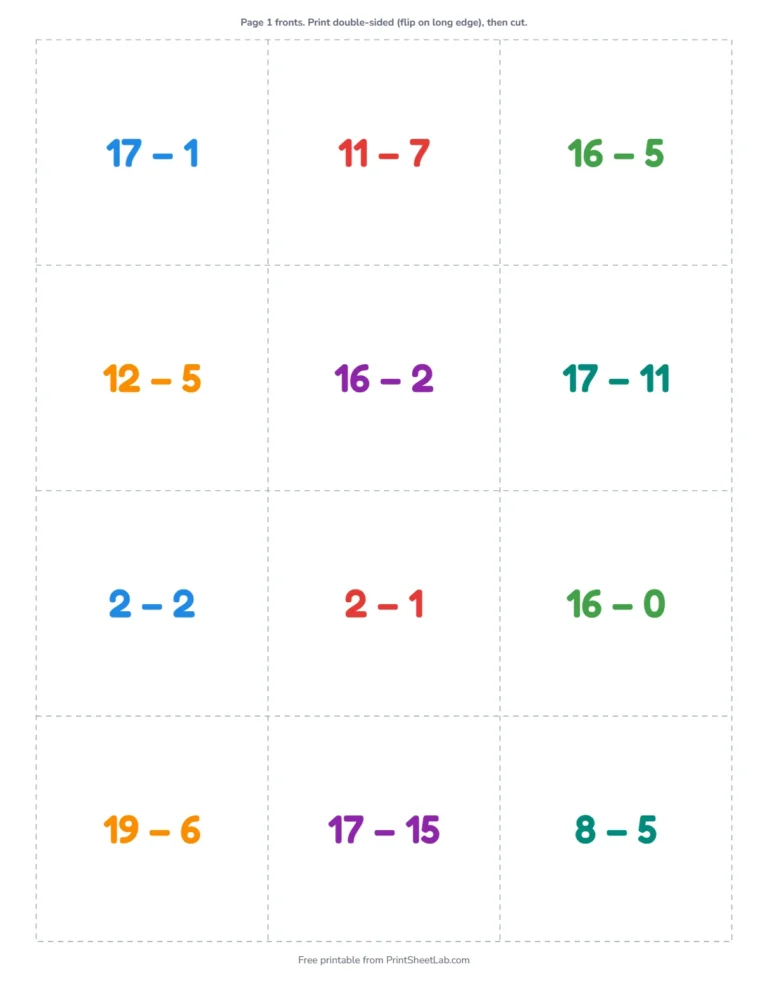 Subtraction flash cards within 20, 12 per page