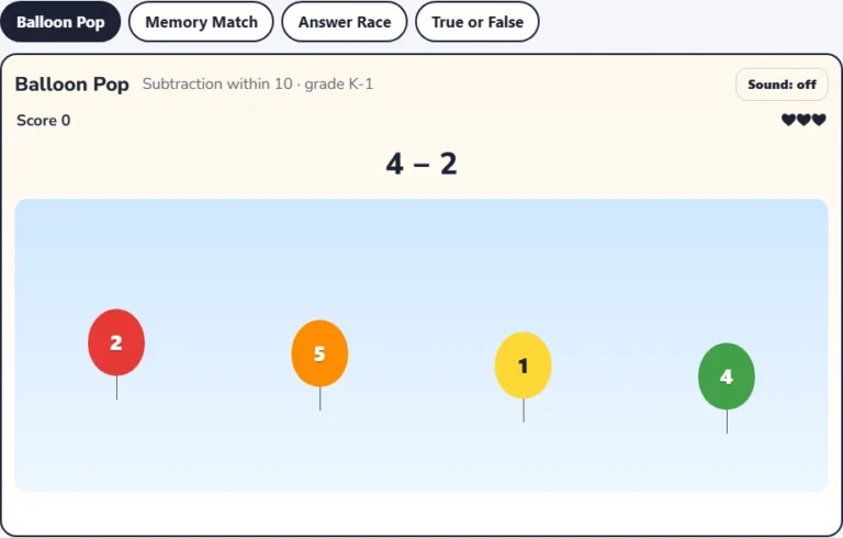 Take away game Balloon Pop with balloons showing answers to 4 − 2