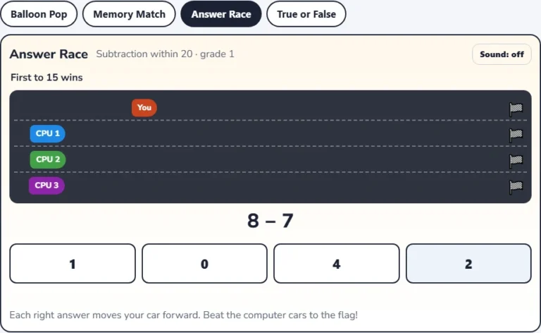 Subtraction facts game Answer Race with the question 8 − 7 and four answers