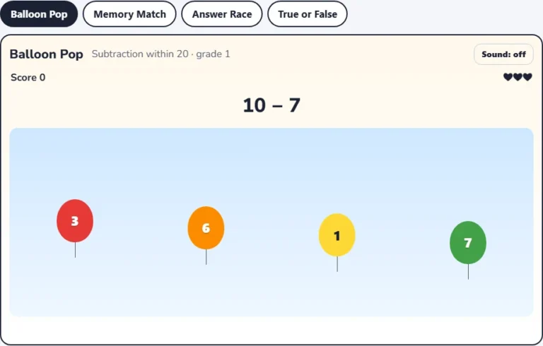 Subtraction within 20 game Balloon Pop with the question 10 − 7 and four balloons