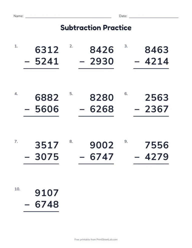 Subtraction with borrowing worksheet with 16 four-digit problems