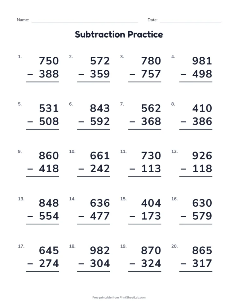Subtraction worksheets: a page of 20 three-digit subtraction problems with borrowing