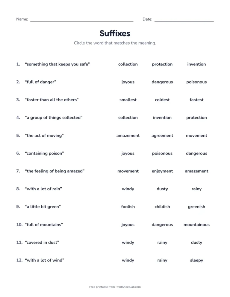 Suffix worksheet: circle the word that matches the meaning, such as dangerous or collection