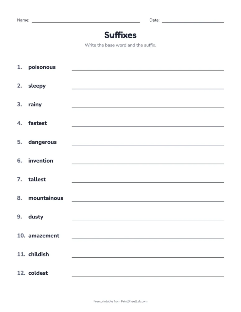Suffix worksheets for grades 4 and 5: split words with ment, ous, est, y, ish and ion