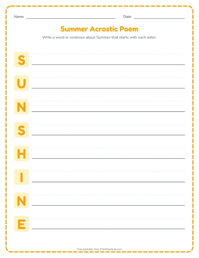 Summer acrostic poem worksheet: write a word for each letter of SUNSHINE