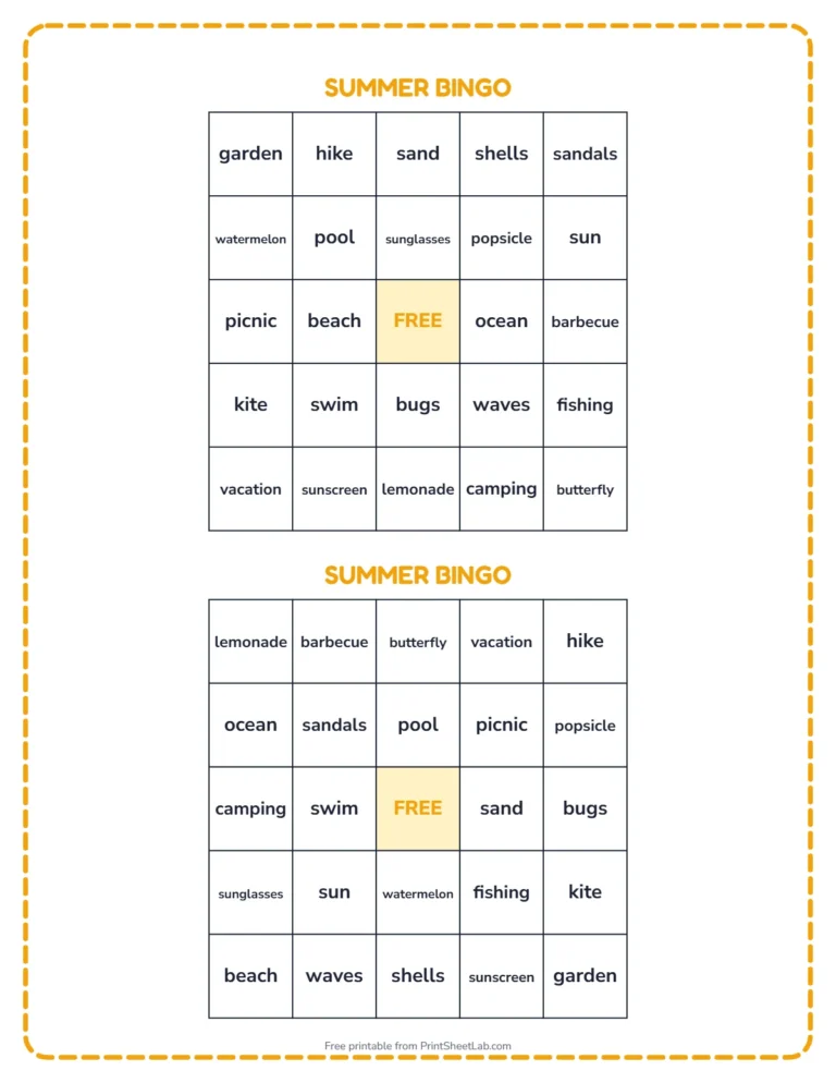 Summer bingo printable: two different bingo cards with summer words