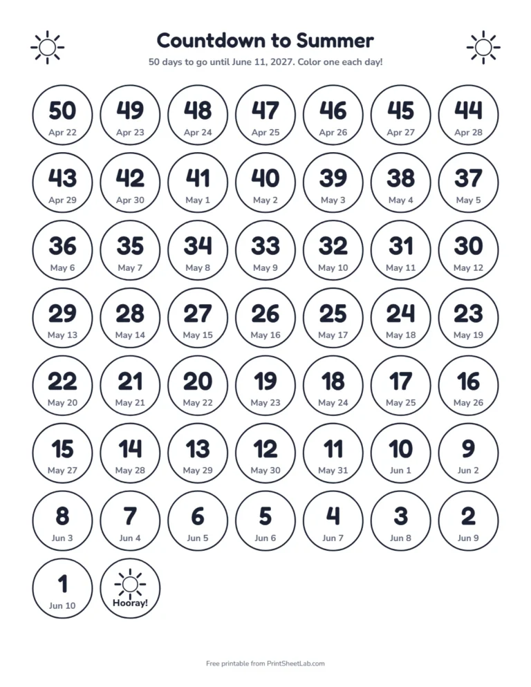 Summer vacation countdown calendar with a 50 day outline grid for children to color in