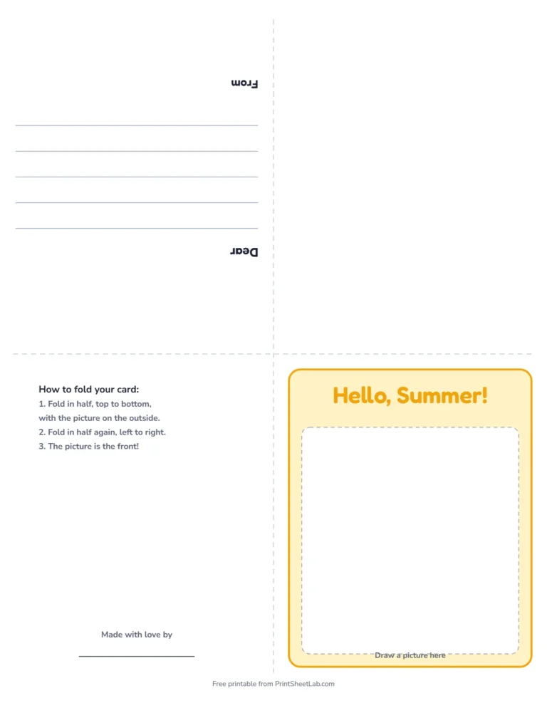 Summer card printable: a fold-up greeting card that says Hello, Summer!