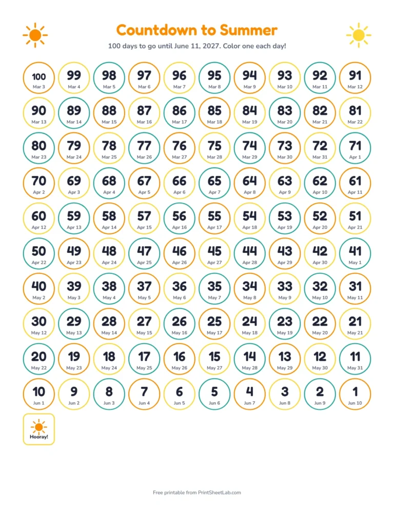 Summer vacation countdown printable with 100 numbered circles to color in until the last day of school