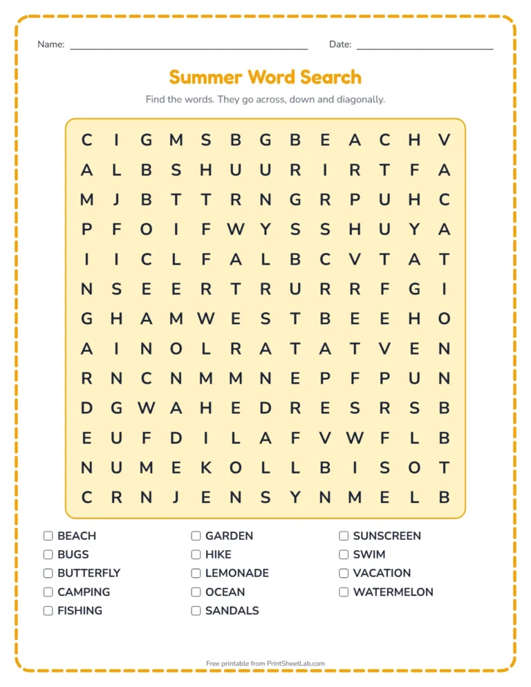 Summer worksheets: word search printable with summer words and a word list
