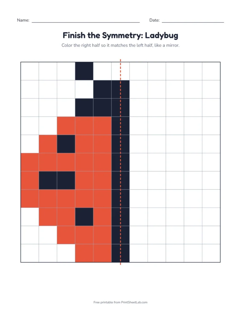 Symmetry worksheets set 2: finish the ladybug, owl, penguin, robot and more pixel pictures